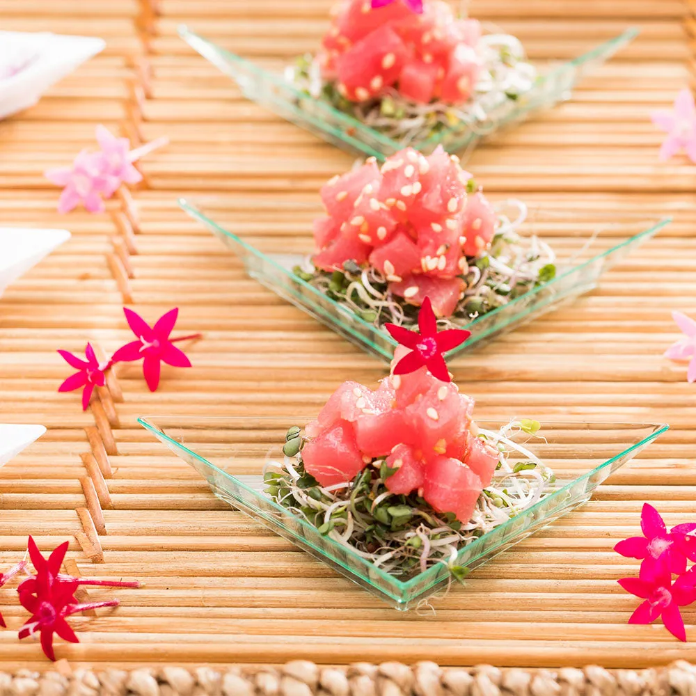 100 Seagreen Plastic 4" Mini Triangolo Appetizer Plates and 100 Silver Plastic 4" Mini Spoons