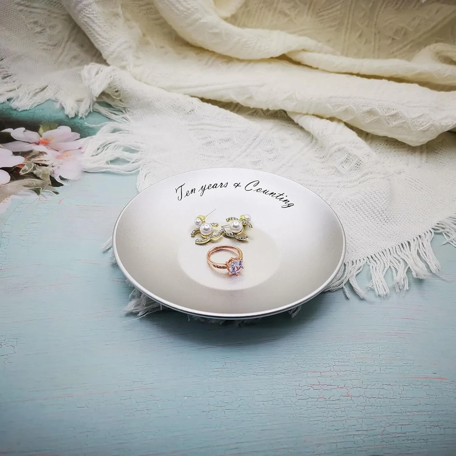 10th Anniversary Aluminum Gifts for her/him/Wife-5 In. Tin Wedding Ring Holder Dish & Gift card Box,Jewelry Tray for couple