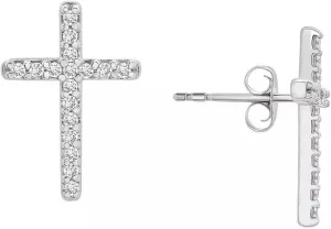 1/10 Ct Tw Round Cut Diamond Cross Stud Earrings In 14K White Gold Finish 925 Sterling Silver