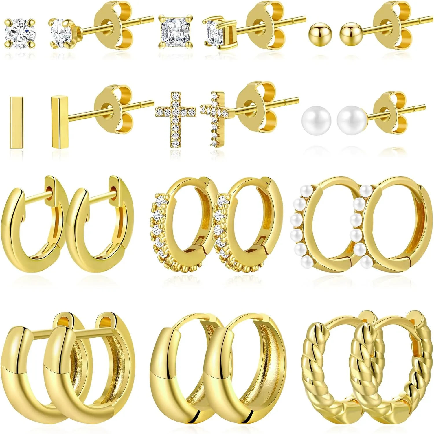 12 Pairs Small Gold Huggie Hoop Earrings Set for Women, 14K Gold Plated Hypoallergenic Tiny Trendy Stud Cartilage Earrings Pack for Jewelry Gifts