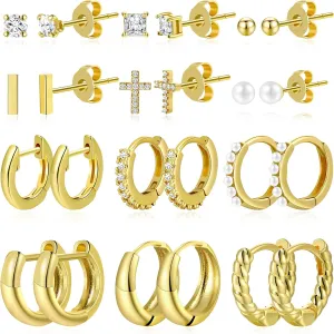 12 Pairs Small Gold Huggie Hoop Earrings Set for Women, 14K Gold Plated Hypoallergenic Tiny Trendy Stud Cartilage Earrings Pack for Jewelry Gifts