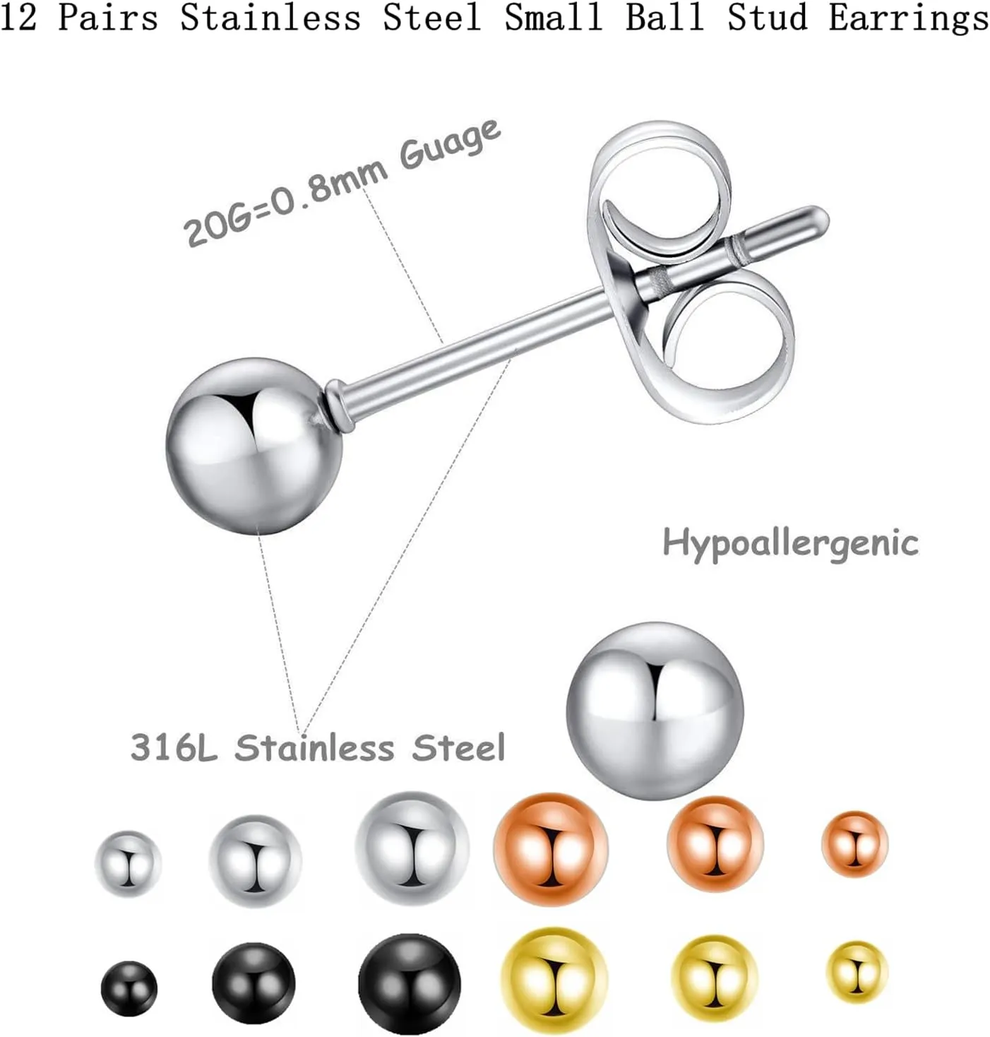 12Pairs 20G Mix Color Stainless Steel Ball Stud Earrings for Men Women Minimalist Sphere Cartilage Piercing Studs Earrings,Ball Hypoallergenic Jewelry,Mini Ball Earrings