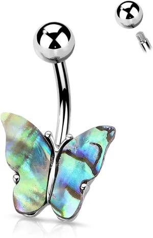 14G 316L Surgical Steel Clear CZ Butterfly Navel Ring with Cat's Eye Stone - Double Butterfly Design Belly Button Ring Set
