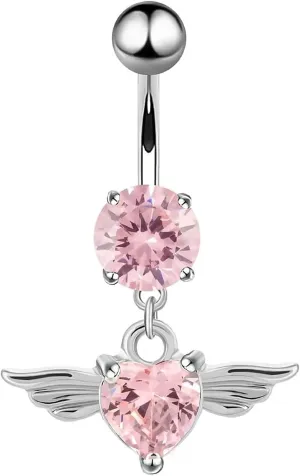 14G Belly Ring for Women, Navel Rings Surgical Steel Belly Rings Dangle Angel Wing Heart with White/Blue/Pink Cubic Zirconia Belly Button Jewelry (Color : Pink)