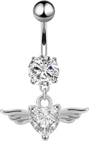 14G Belly Ring for Women, Navel Rings Surgical Steel Belly Rings Dangle Angel Wing Heart with White/Blue/Pink Cubic Zirconia Belly Button Jewelry (Color : White)
