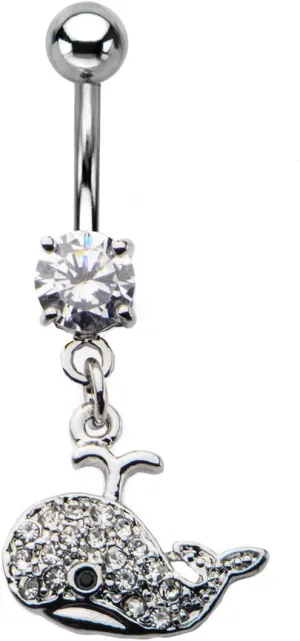 14ga-3/8"(10mm) Nautical Belly Navel Ring with CZ Whale Dangle Charm