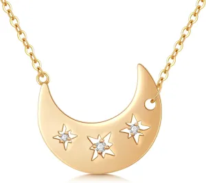 14k Gold Moon Necklace for Women Solid Yellow Gold Natural 0.03 CT Diamond Crescent Moon Pendant with Star Jewelry Gifts for Her Wife Mom Daughter