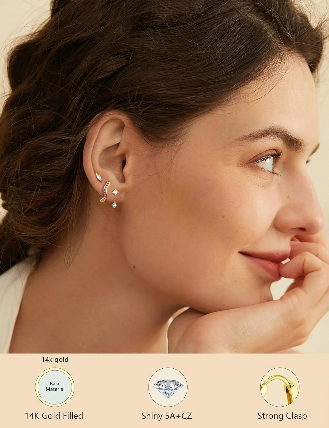 14K Gold Plated Birthstone Cartilage Earrings for Women - 20G Chic Hypoallergenic Surgical Steel Flat Back Studs Huggie Hoops Earring Stacks