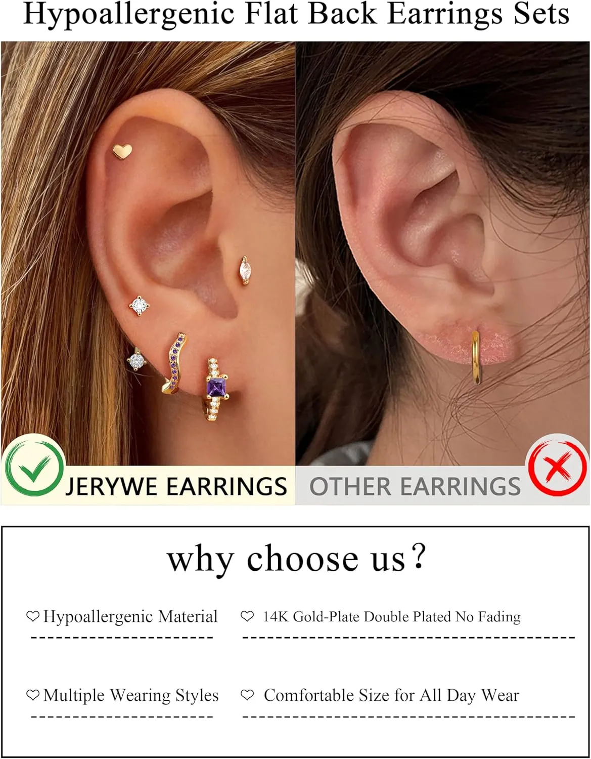 14K Gold Plated Birthstone Cartilage Earrings for Women - 20G Chic Hypoallergenic Surgical Steel Flat Back Studs Huggie Hoops Earring Stacks