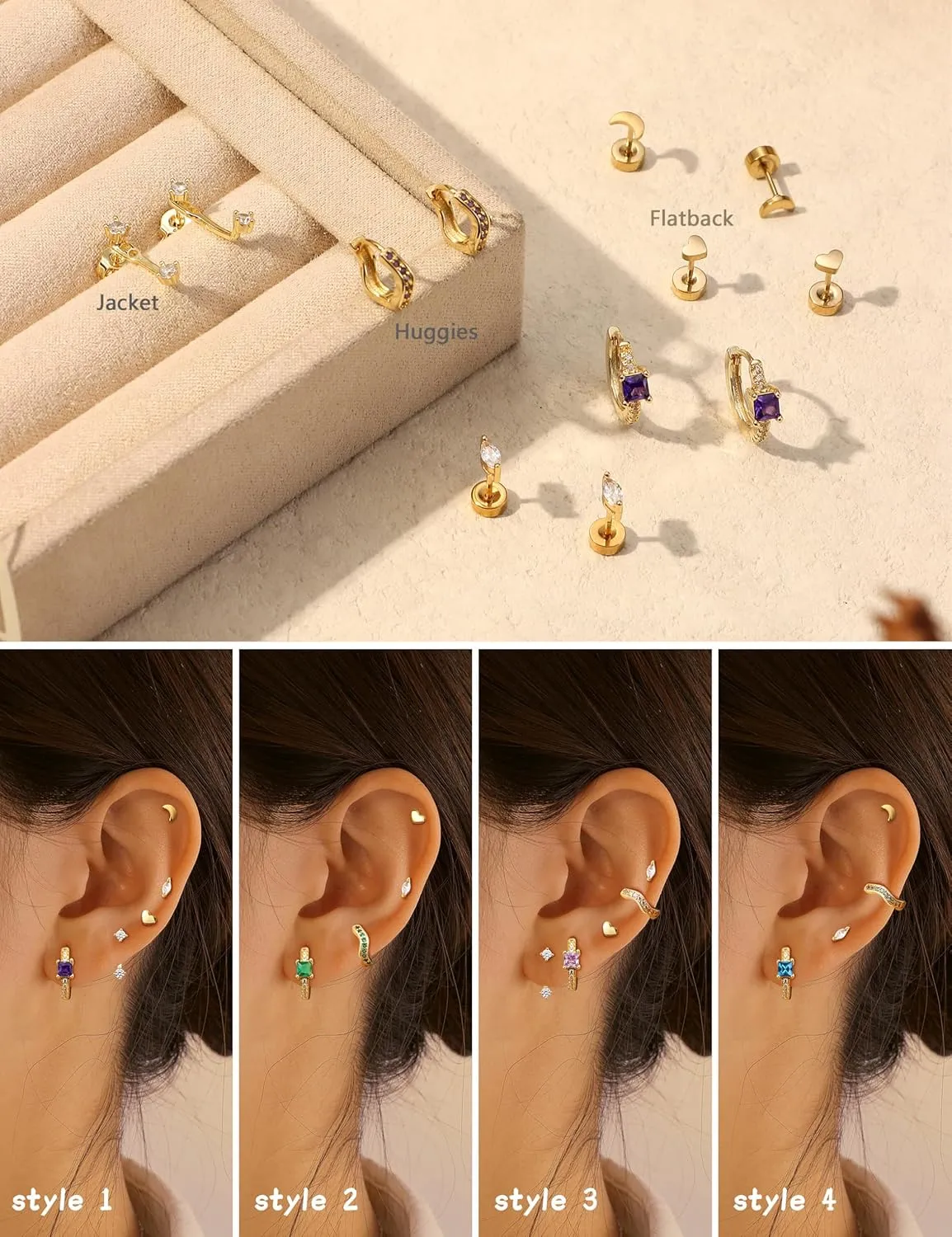 14K Gold Plated Birthstone Cartilage Earrings for Women - 20G Chic Hypoallergenic Surgical Steel Flat Back Studs Huggie Hoops Earring Stacks