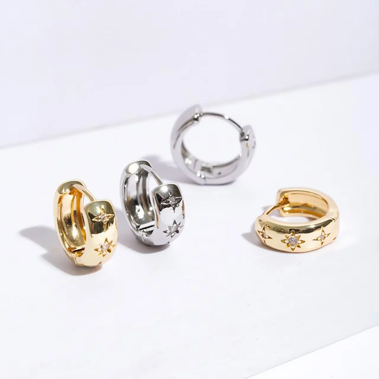 14K Gold Plated Sterling Silver Post Small Chunky Gold Hoop Earrings,Diamond Studded Huggie Earrings for Women 8mm 10mm 12mm