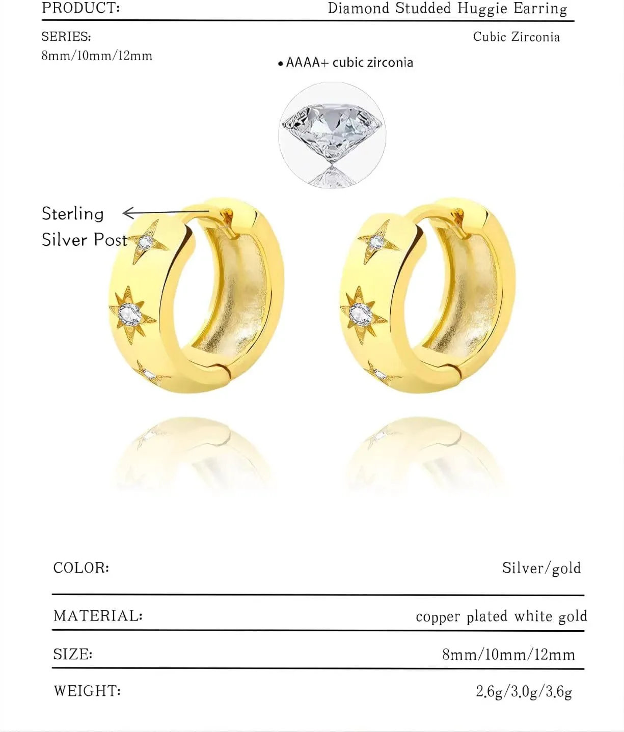 14K Gold Plated Sterling Silver Post Small Chunky Gold Hoop Earrings,Diamond Studded Huggie Earrings for Women 8mm 10mm 12mm
