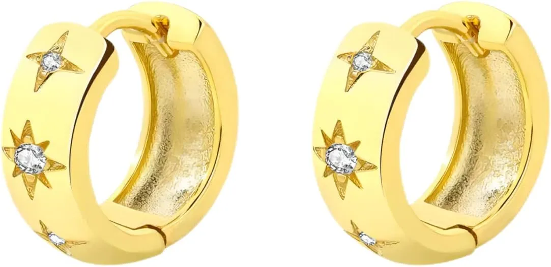 14K Gold Plated Sterling Silver Post Small Chunky Gold Hoop Earrings,Diamond Studded Huggie Earrings for Women 8mm 10mm 12mm