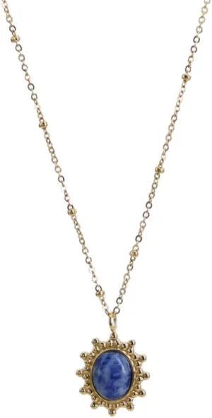 14k Gold Plated Vintage Style Oval Pendant With Blue Sandstone Chain Necklace For Women Jewelry Gift