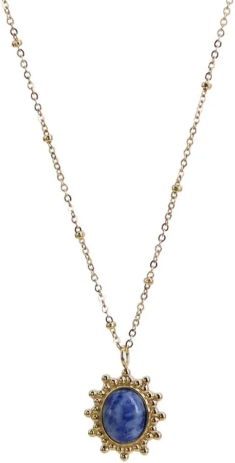 14k Gold Plated Vintage Style Oval Pendant With Blue Sandstone Chain Necklace For Women Jewelry Gift