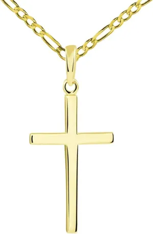 14k Solid Yellow Gold Classic Plain Religious Cross Pendant with Figaro Chain Necklace