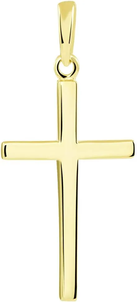 14k Solid Yellow Gold Classic Plain Religious Cross Pendant with Figaro Chain Necklace