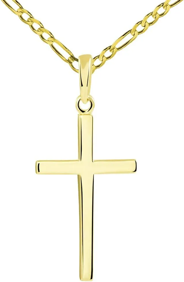 14k Solid Yellow Gold Classic Plain Religious Cross Pendant with Figaro Chain Necklace