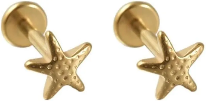 16G Starfish Cartilage Tragus Small Earring for Women Men Titanium Simple Statement Star Flat Back Stud Earrings Internally Threaded Hypoallergenic Nose Helix Conch Labret Piercing Jewelry