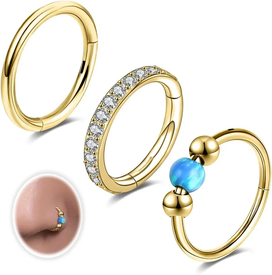 18G 3PCS Nose Rings Hoops 316L Surgical Steel Opalite Nose Rings for Women Clear CZ Nose Rings Hoop 8mm/10mm Septum Rings Clicker for Cartilage Daith Helix Tragus Conch Piercing Jewelry