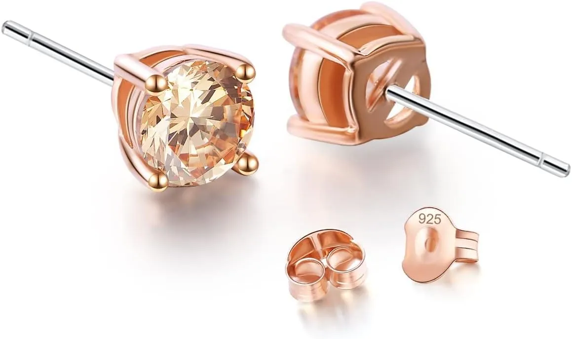 18K Gold Plated Round Cubic Zirconia Faux Diamond Earrings Sterling Silver Post Hypoallergenic Earrings for Women Men, in White Gold, Rose Gold and Yellow Gold, CZ 0.5 to 2.5ctw