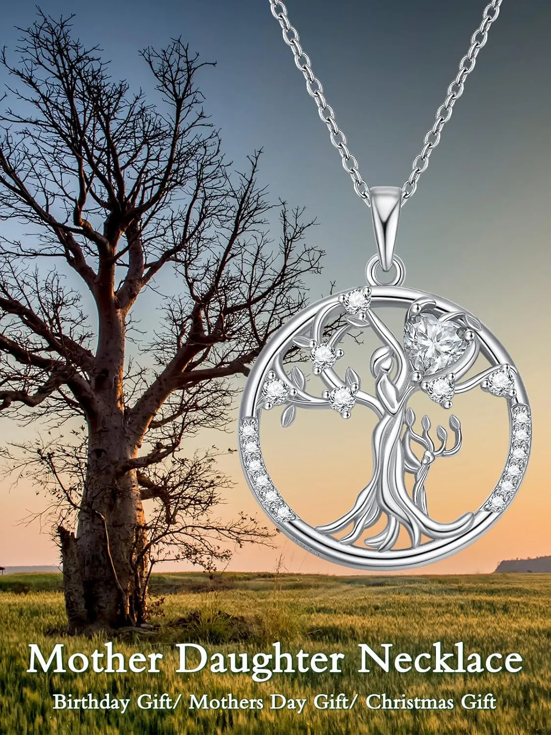 1CT Heart-cut Moissanite Tree of Life Necklace for Women, 18K Gold Plated Sterling Silver Moissanite Diamond Tree of Life Mom Mother 1/2 Child Necklace Christmas Gifts for Mom Her Grandma Wife,18 2 Inch