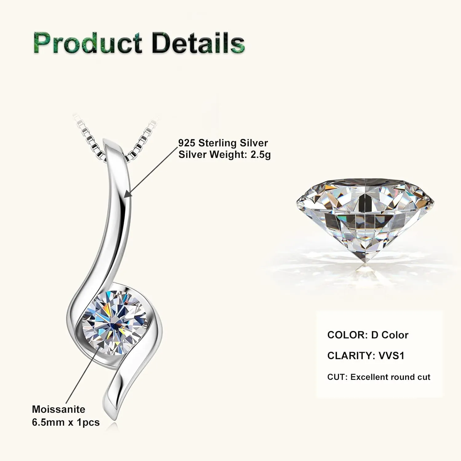 1CT Moissanite Pendant Necklace for Women D Color VVS1 925 Sterling Silver Infinity Chain Necklace Gift for Her Wife Mom Birthday