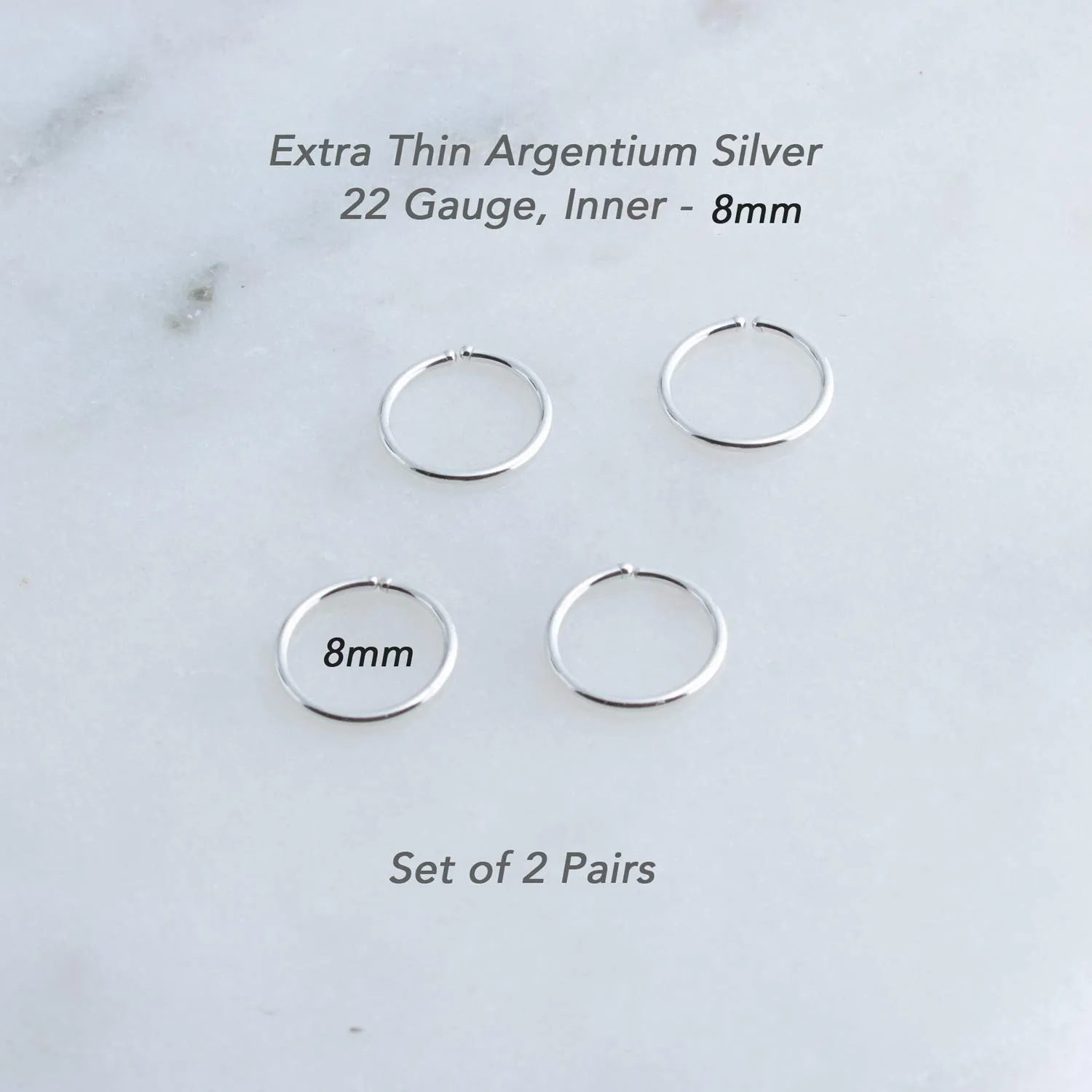 2 Pairs Set Nose Cartilage Nose Rings Small Hoops Earrings Set for Women Tragus Septum Helix Thin Multiple Piercing (8mm/ 22 gauge/ 2 pairs, Argentium Silver 935)