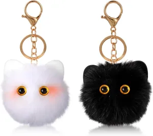 2 Pcs Kitten Plush Keychains Mini Kawaii Fuzzy Black & White Cats Cute Cat Pom Pom Keychain Backpack Pendant Car Keychain - Great Cute Hairball Lover Gift Idea