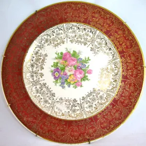 22K Solid GOLD ART PRINT Collectors ROYAL CHINA 10" Round PLATE CERAMIC Metal HANGER Floral Flowers Prints