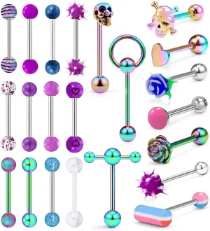 22Pcs Assorted Styles 14G Tongue Rings Stainless Steel Tongue Piercing Barbells Long Tounge Piercing Jewelry for Women Men