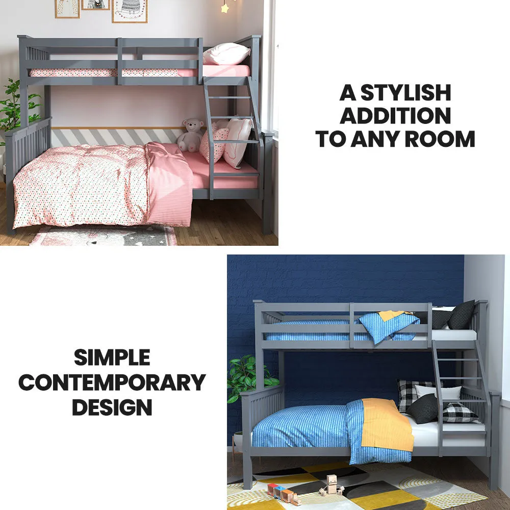 2in1 Single on Double Bunk Bed Kids Solid Wood Timber Loft Furniture Slats Grey