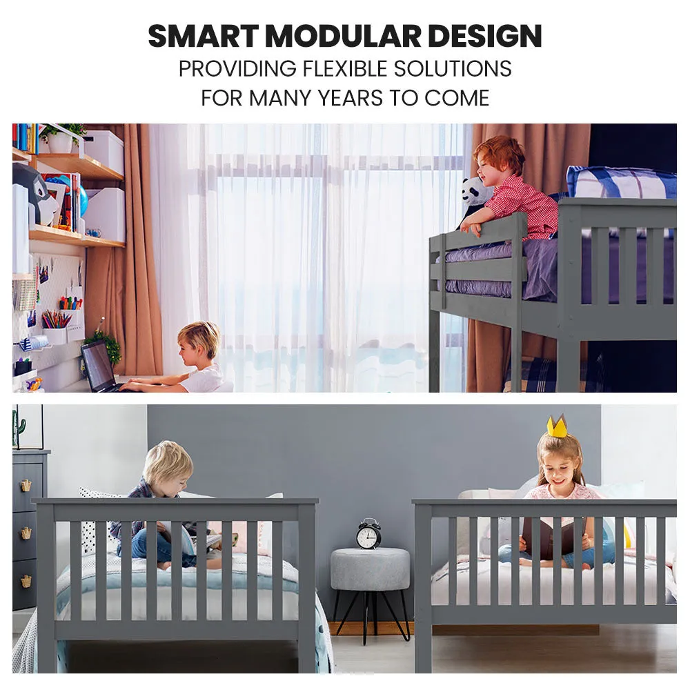 2in1 Single on Double Bunk Bed Kids Solid Wood Timber Loft Furniture Slats Grey