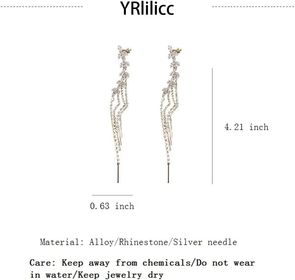 2PCS Glitter Rhinestone Long Tassels Dangle Ear Cuff Vintage Non-Piercing Fake Earrings Bridal Wedding Climber Ear Wrap Prom Ball Jewelry for Women Girls