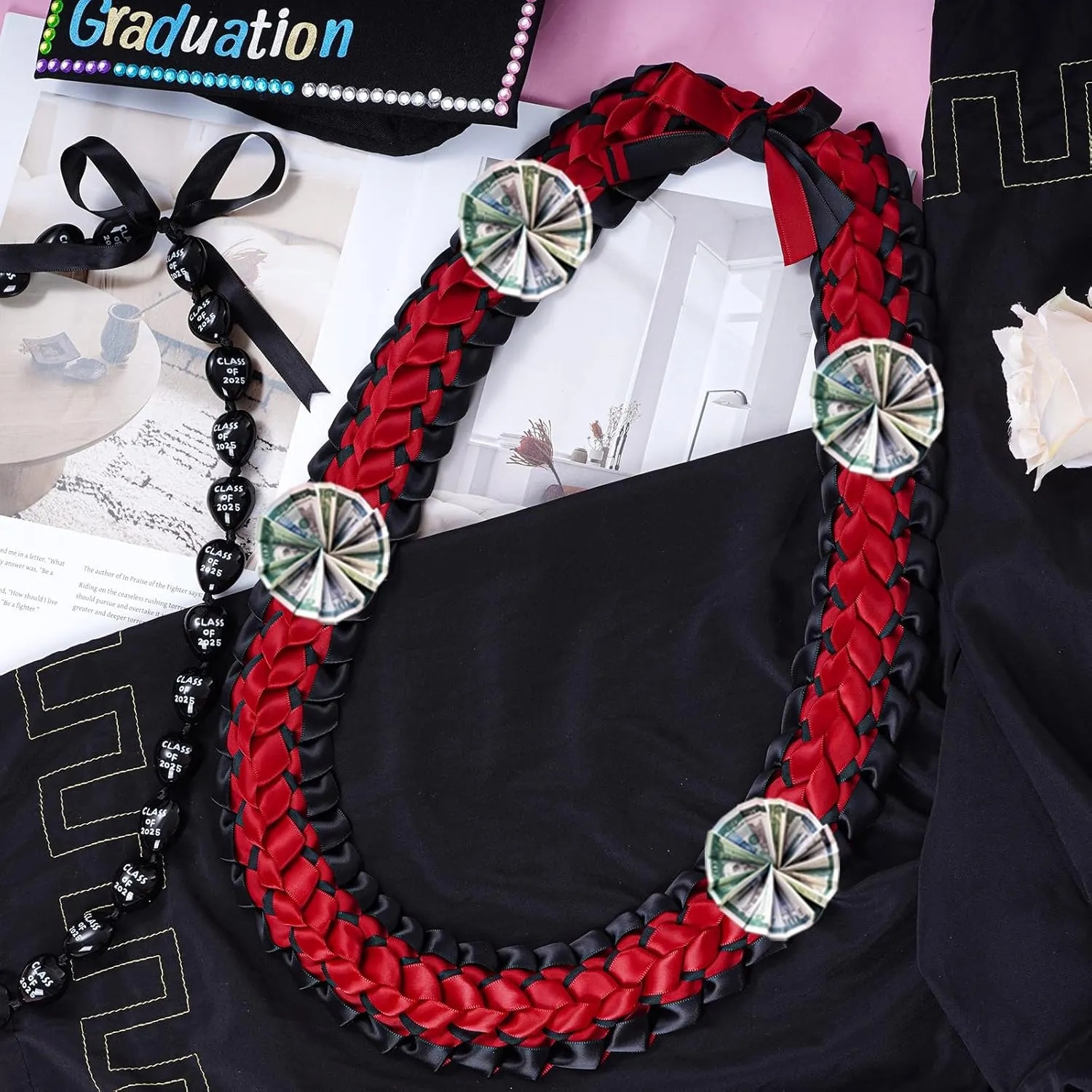 2Pcs Graduation Leis Class of 2025 Nut Leis Beads Ribbon Hawaiian Style for Graduation Party Accessories