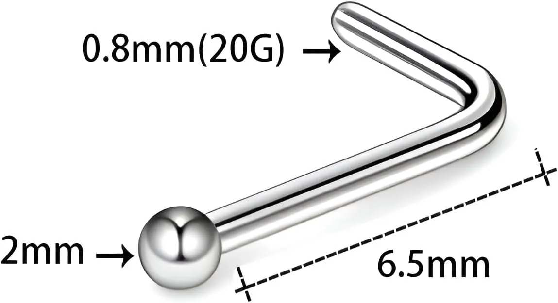 2PCS Silvery L-shaped With Sphere 0.8mm(20G) Nose Studs Nose Septum Rings Piercings Jewelry Diaphragm Ring Daith Body Piercing Bars For Women Titanium Steel Stainless Steel 6.5mm