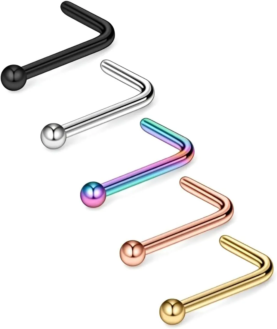 2PCS Silvery L-shaped With Sphere 0.8mm(20G) Nose Studs Nose Septum Rings Piercings Jewelry Diaphragm Ring Daith Body Piercing Bars For Women Titanium Steel Stainless Steel 6.5mm