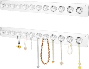 2Pcs Wall Necklace Holder for Women, Hanging Jewelry Organizer Wall Mount Crystal Holder Necklace Wall Hanger, Acrylic Bracelet Holder Organizer Jewelry Rack Adhesive Hooks Necklace Storage