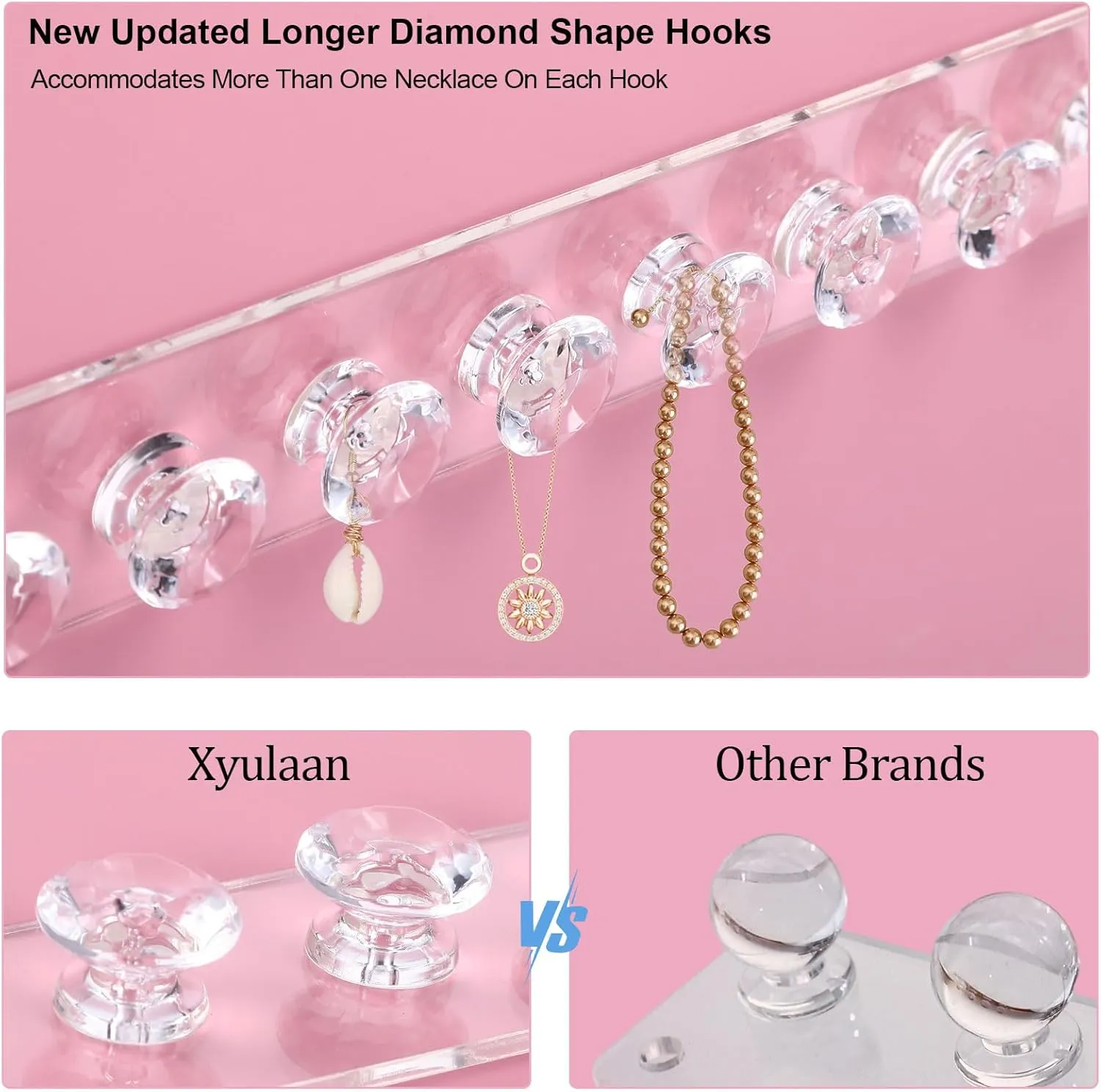2Pcs Wall Necklace Holder for Women, Hanging Jewelry Organizer Wall Mount Crystal Holder Necklace Wall Hanger, Acrylic Bracelet Holder Organizer Jewelry Rack Adhesive Hooks Necklace Storage