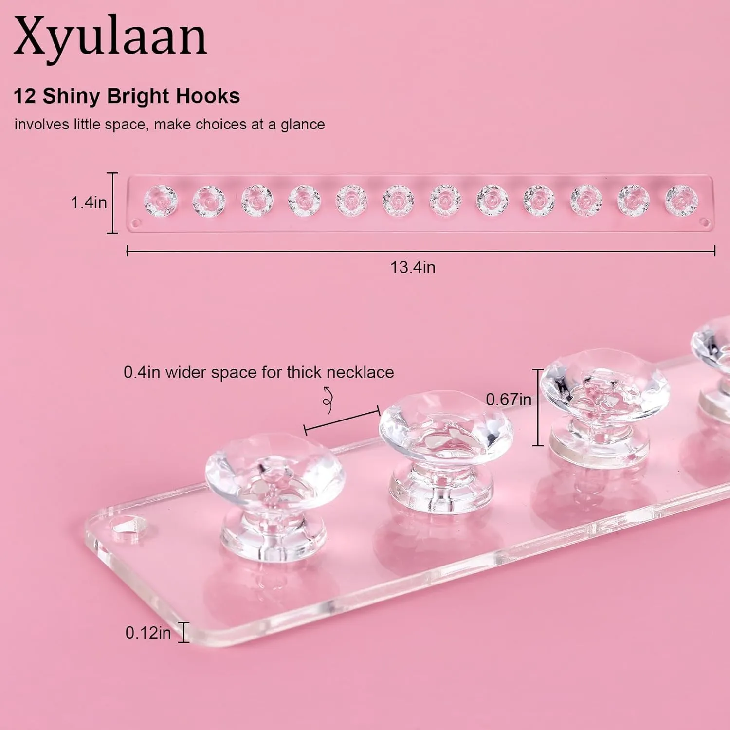 2Pcs Wall Necklace Holder for Women, Hanging Jewelry Organizer Wall Mount Crystal Holder Necklace Wall Hanger, Acrylic Bracelet Holder Organizer Jewelry Rack Adhesive Hooks Necklace Storage