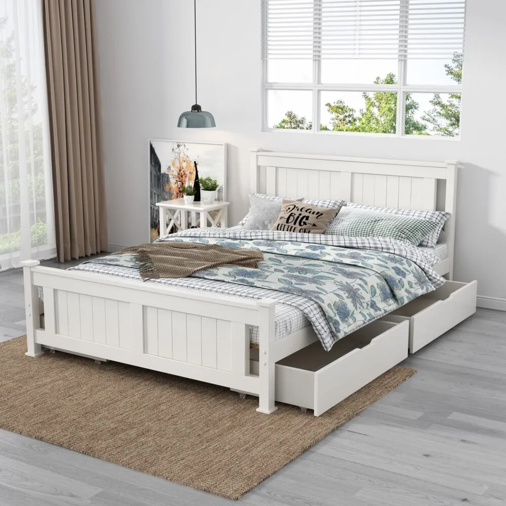 2x Wooden Bed Frame Storage Trundle Drawers | White