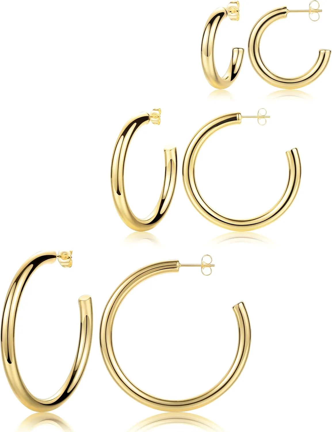 3 Pairs Big Chunky Gold Hoop Earrings for Women 14K Real Gold Plated, Thick Lightweight Hollow Gold Hoops, Large and Small Tube Hoop Earrings Set 25-35-45mm. (4mm-Thikness, 3Pair-14kGold-Set)