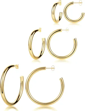 3 Pairs Big Chunky Gold Hoop Earrings for Women 14K Real Gold Plated, Thick Lightweight Hollow Gold Hoops, Large and Small Tube Hoop Earrings Set 25-35-45mm. (4mm-Thikness, 3Pair-14kGold-Set)