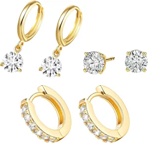 3 Pairs Gold Hoop Earrings Set for Women, Dainty Stud Earrings 14K Gold Plated Dangle Stack Cartilage Hypoallergenic Huggie Hoop Earrings Gold Silver Jewelry Gifts