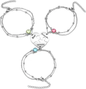 3/4 Pcs Puzzle Piece Bracelet Set for Family Best Friend Stainless Steel Best Friends Forever Anklet Bracelet BFF Matching Heart Pendant Friendship Jewelry for Women