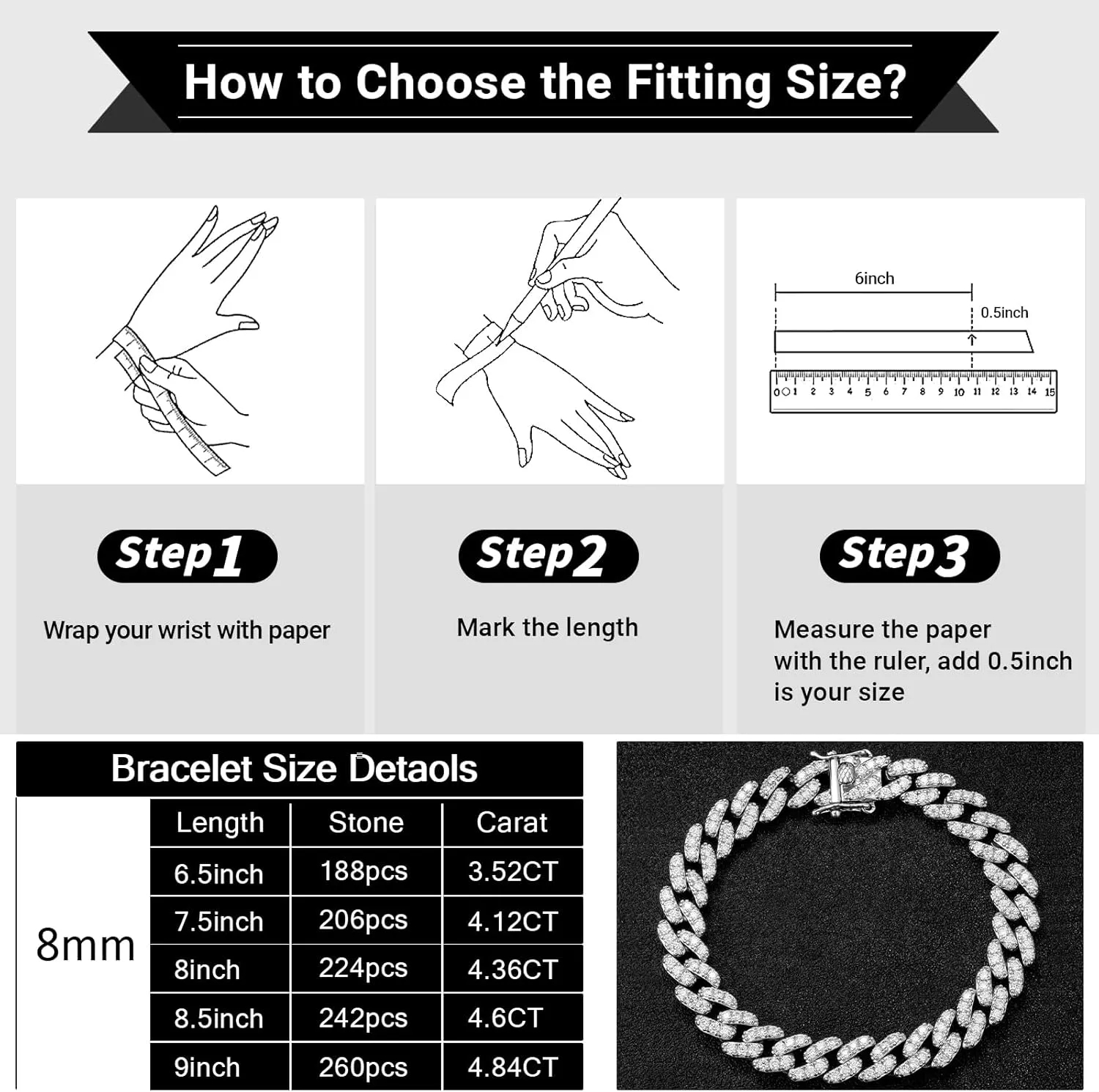 3.52-4.84 Carat Moissanite Bracelet for Men & Women, 8MM Cuban Link Chain, White Gold Plated Silver Bling Luxury VVS Moissanite Cuban Bracelet Gift with GRA Certificate