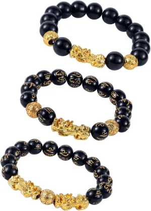 3pcs Wealth Bracelets, Imitation Obsidian Good Luck Bracelet with Chinese Mythical Beasts Charms for Protection Bring Luck & Wealth Gold and Black Beaded Jewelry Gift for Men Women