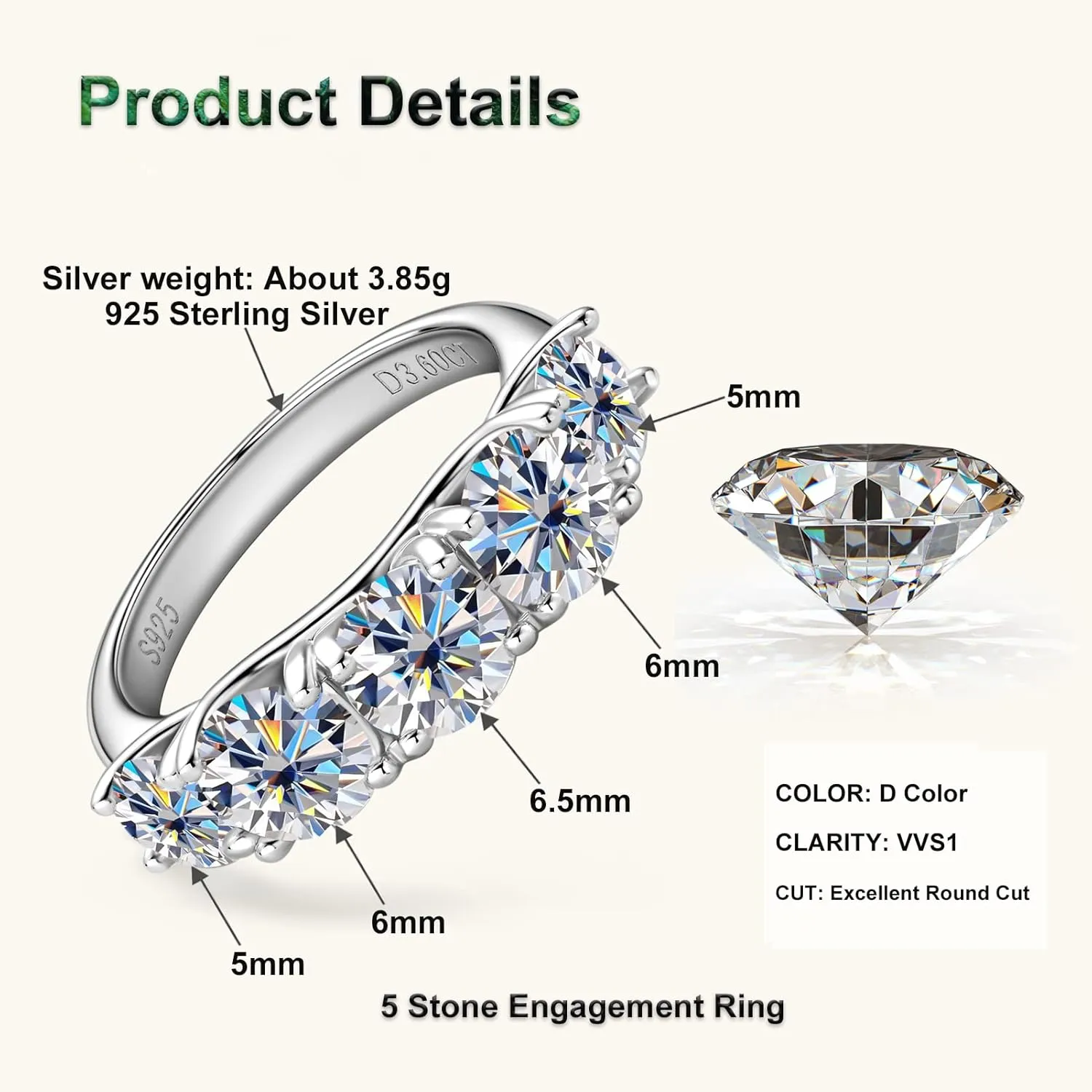 5 Stone Moissanite Half Eternity Ring Wedding Band 3.6cttw D Color VVS1 925 Silver 5-Stone Engagement Ring for Women Wife Mom