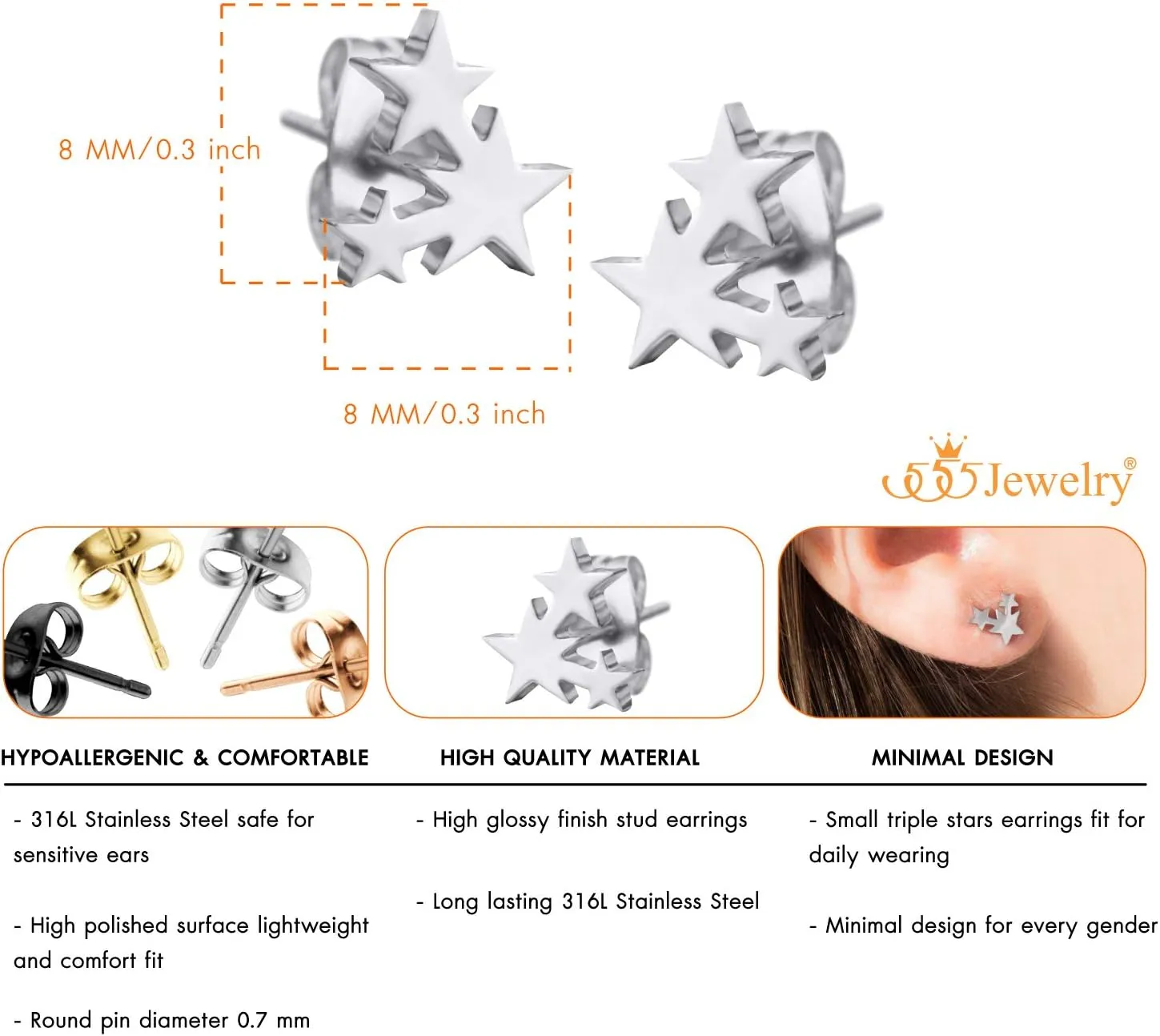 555Jewelry Delicate Small Tiny Triple Stars Stud Earrings for Women
