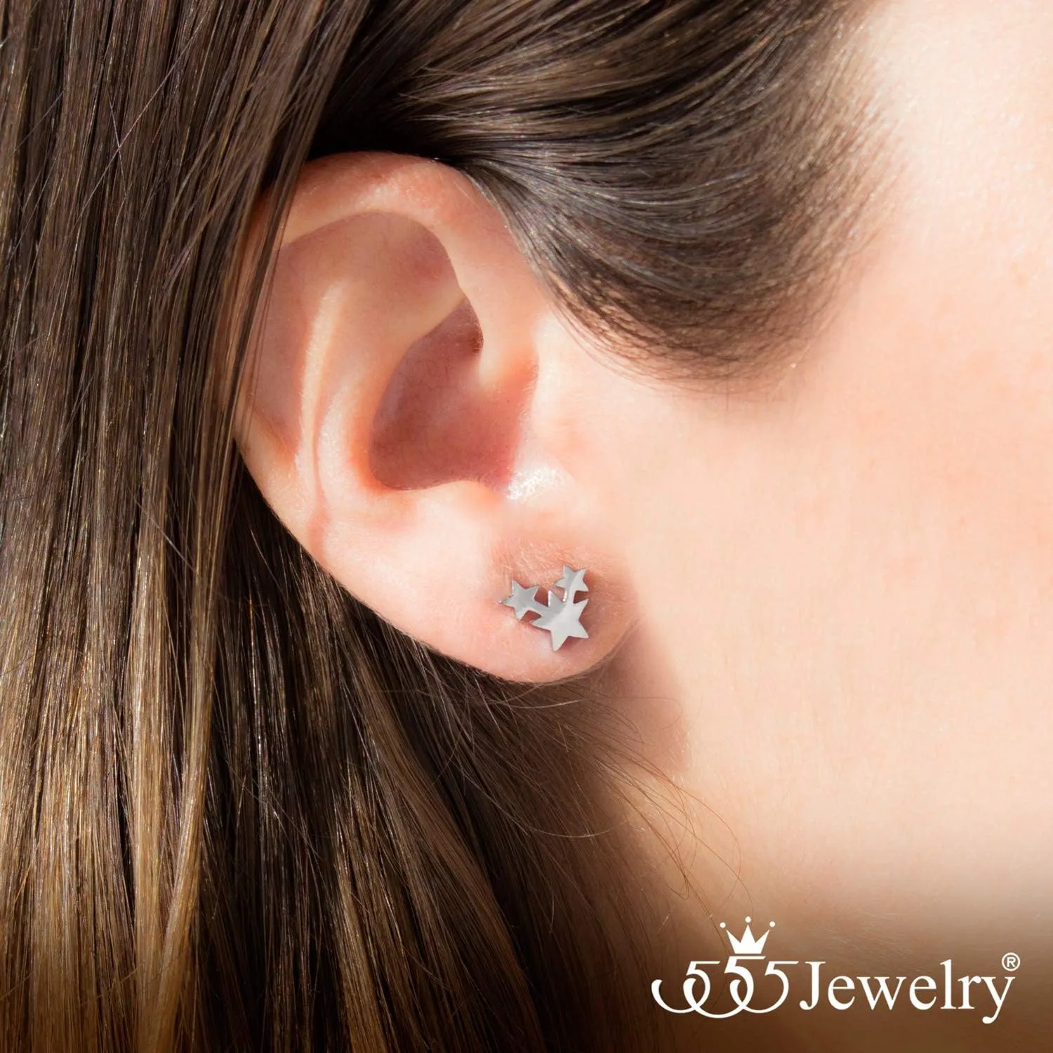 555Jewelry Delicate Small Tiny Triple Stars Stud Earrings for Women